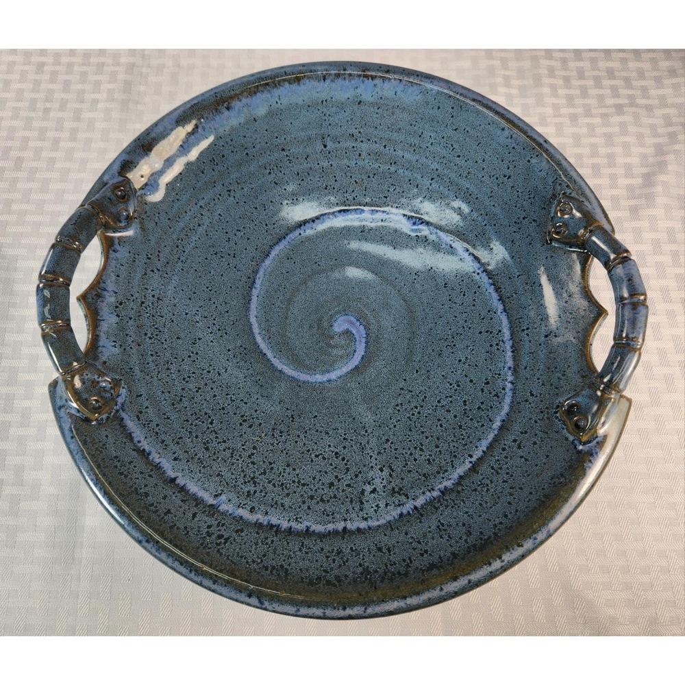 Vintage Studio Pottery Serving Platter 12" Blue Glaze Spiral Handled Stoneware T